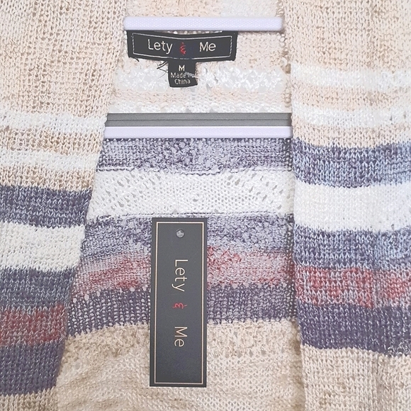 Lety & Me Cream and Purple Striped Crochet Knit Cardigan Sweater Size Medium - Picture 5 of 5